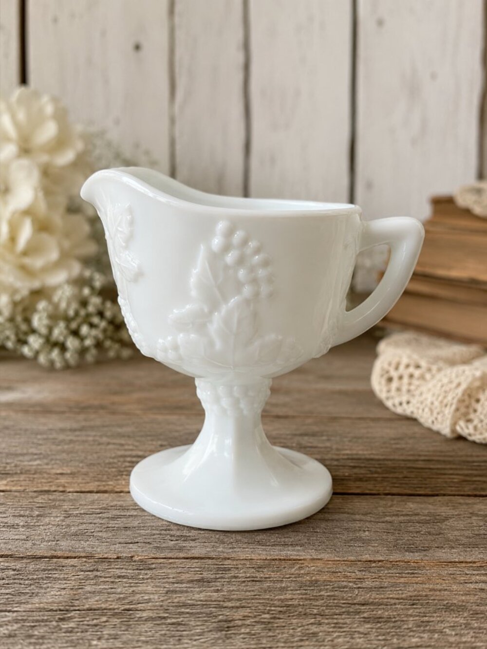 Vintage White Milk Glass Mini Pitcher Pedestal Creamer Grape Vine Cottagecore